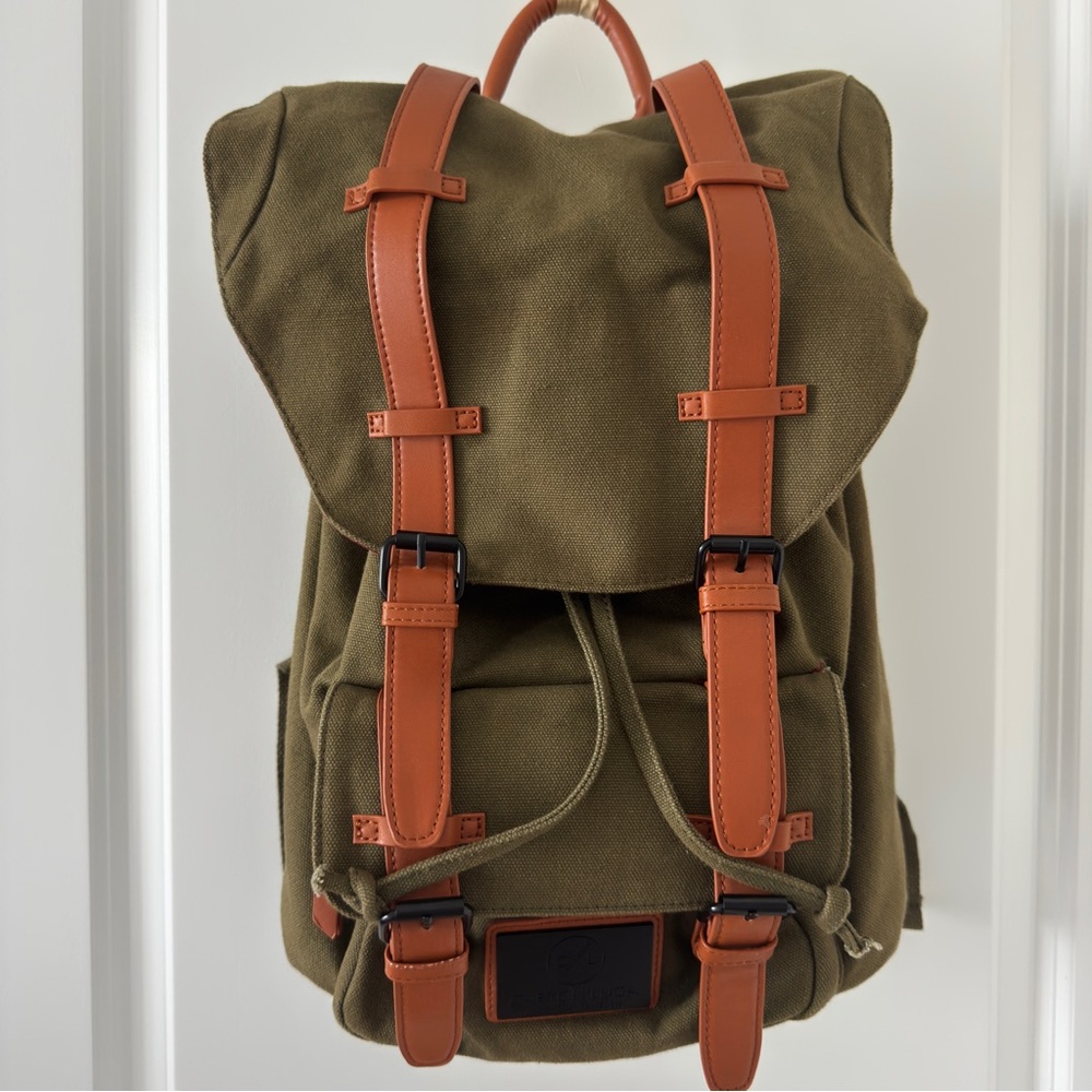Gaston Luga Classic Backpack Durable Cotton Material Color Olive and Brown Bag